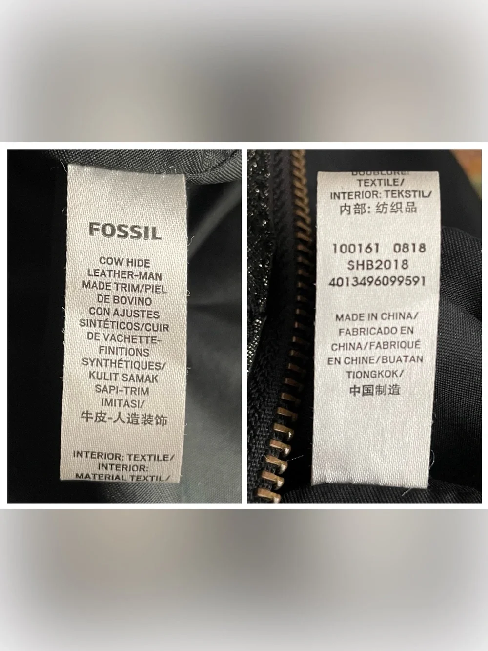 Fossil ‘Felicity’ Tote Black Leather & Metallic Shimmer w/ Zipper Closure
